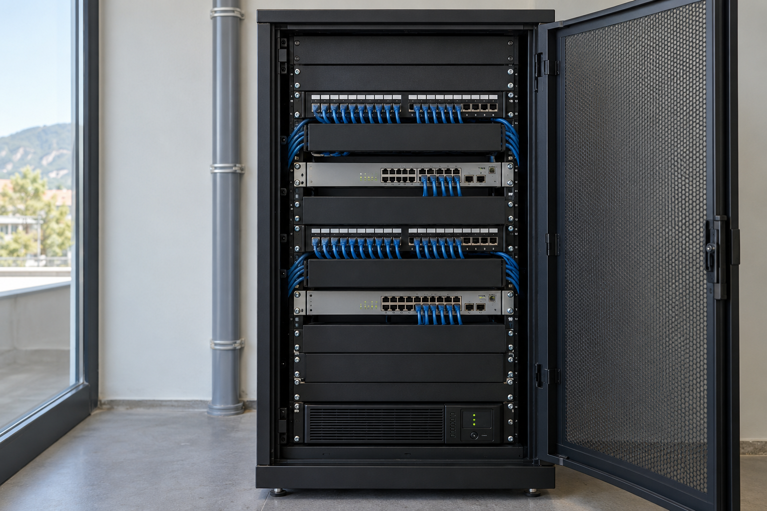 Rack de comunicacions amb panells i connexions blaves endreçades