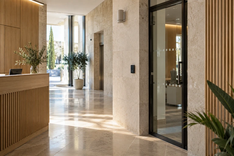 Entrada d’un equipament públic amb tecnologia integrada